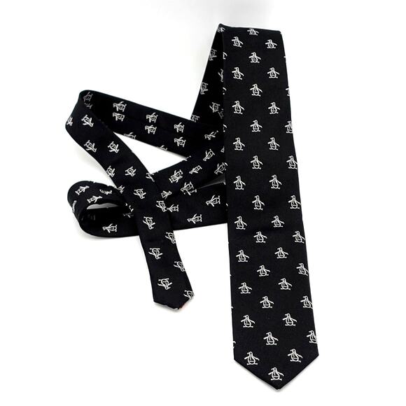 Original Penguin Repp Tie Embroidered Silk Black White Repeating Retro Skinny - Picture 3 of 8